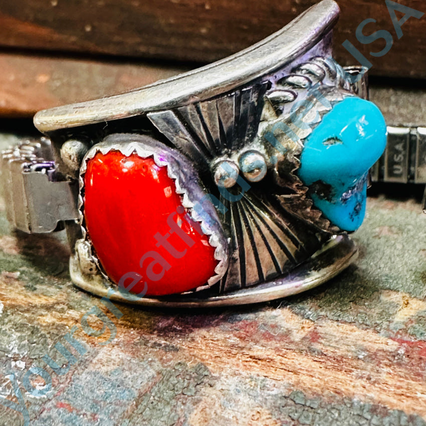 Vintage 1970S Navajo Sterling Silver Turquoise Red Coral Watch Band