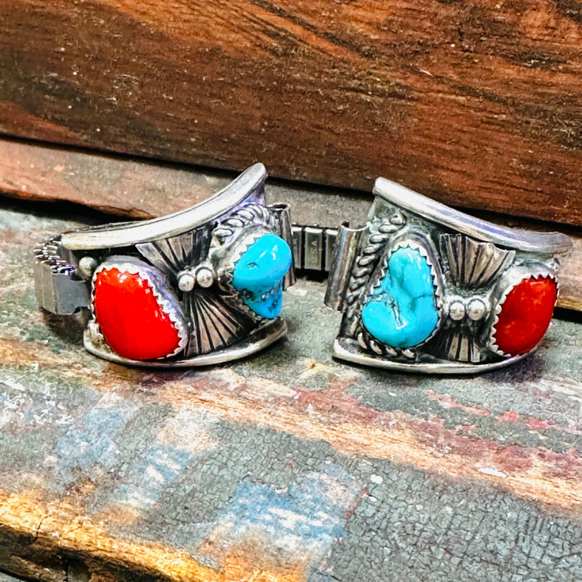 Vintage 1970S Navajo Sterling Silver Turquoise Red Coral Watch Band