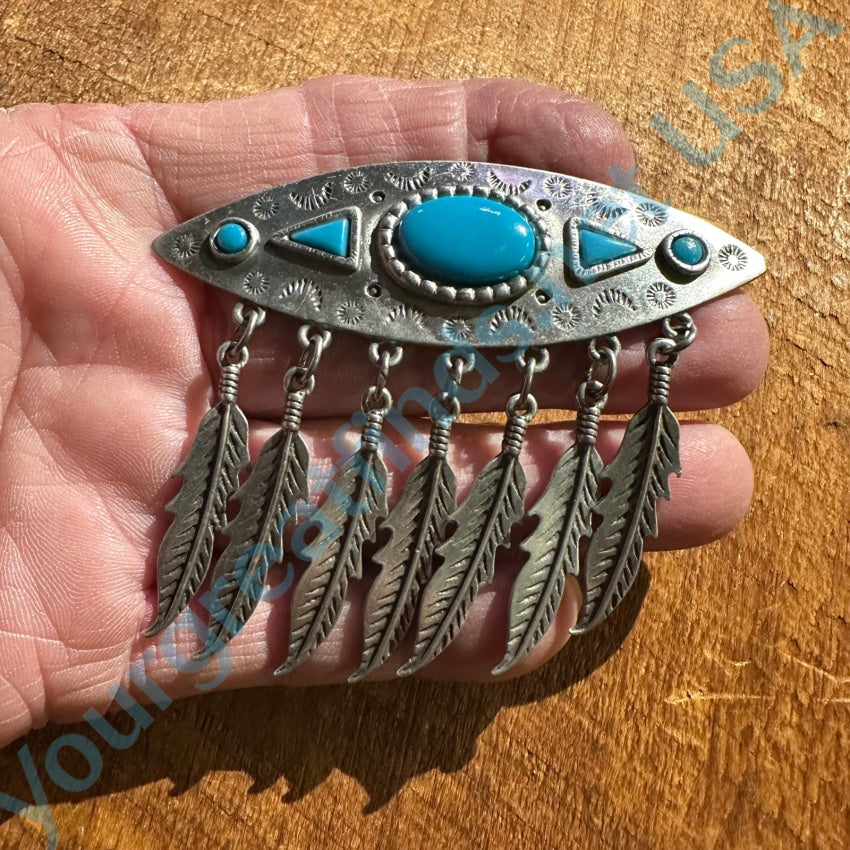 Vintage 1988 Costume Grade Turquoise 7 Feather Pin