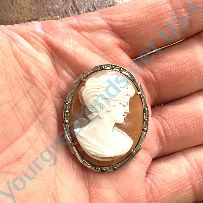 Vintage 800 Silver Carved Shell Cameo Pin Pendant