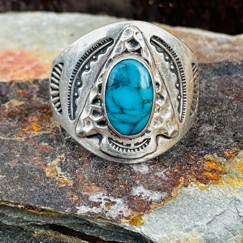 Vintage popular Stamp Decorated Sterling Turquoise Ring