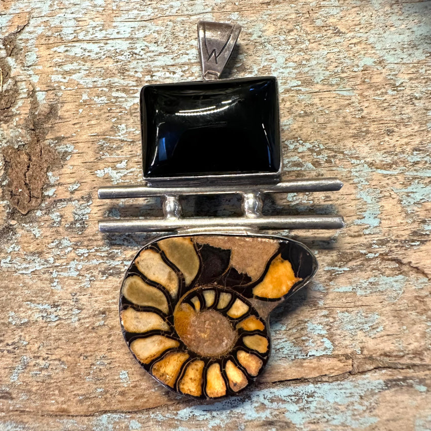 Vintage Black Onyx & Ammonite Sterling Silver Pendant Pin Navajo J. Yates