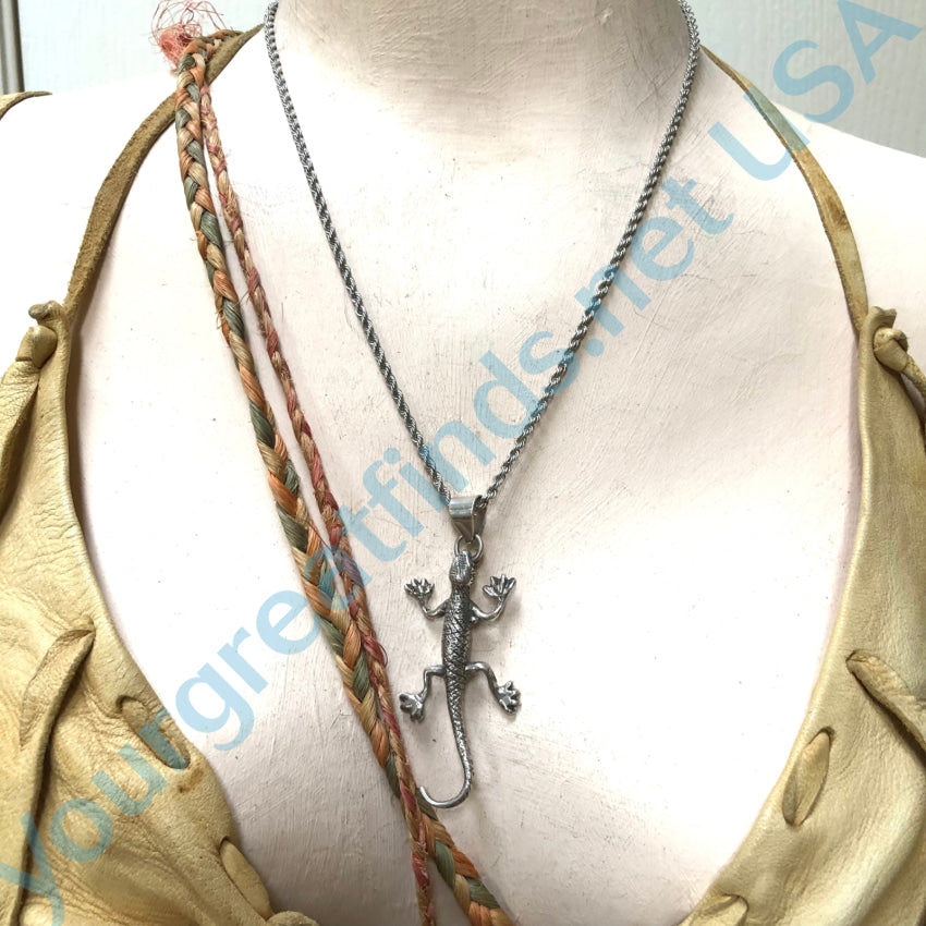 Vintage Cast Sterling Silver Desert Lizard Or Gecko Pendant Chain Necklace