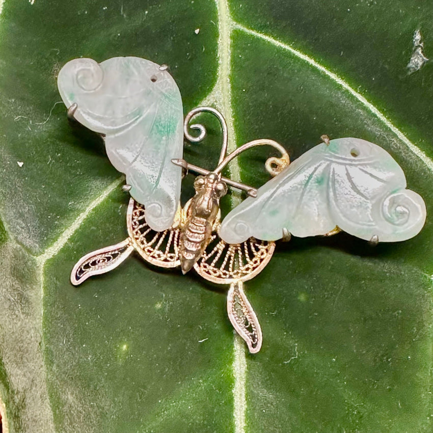 Jade and Silver Tone popular Butterfly Brooch Vintage