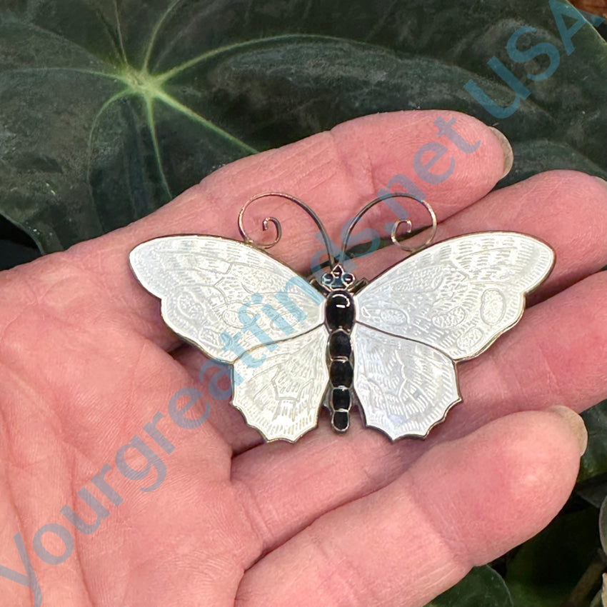 Vintage David Andersen 925S Sterling Guilloche Enamel Butterfly Pin White