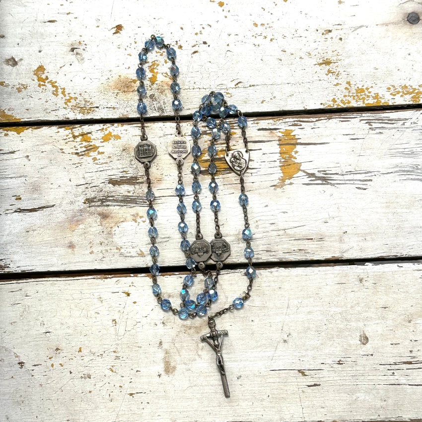 Vintage Glass Blue Beaded Commemorative Rosary