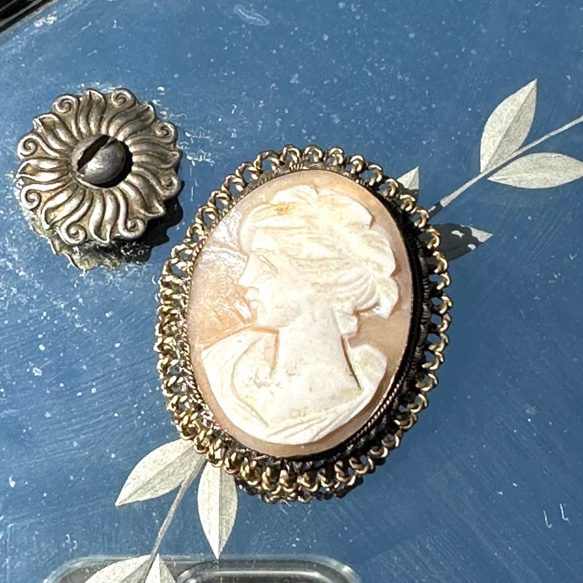 Vintage Gold Washed 800 Silver Carved Shell Cameo Pendant Pin