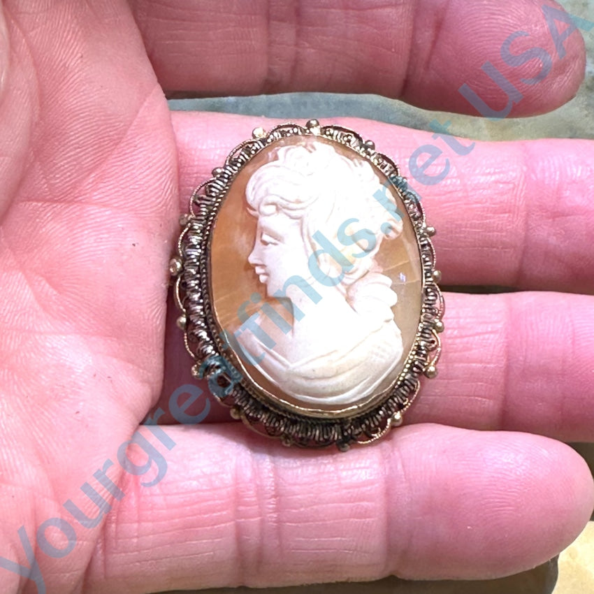 Vintage Gold Washed 800 Silver Filigree Shell Cameo Pin Pendant