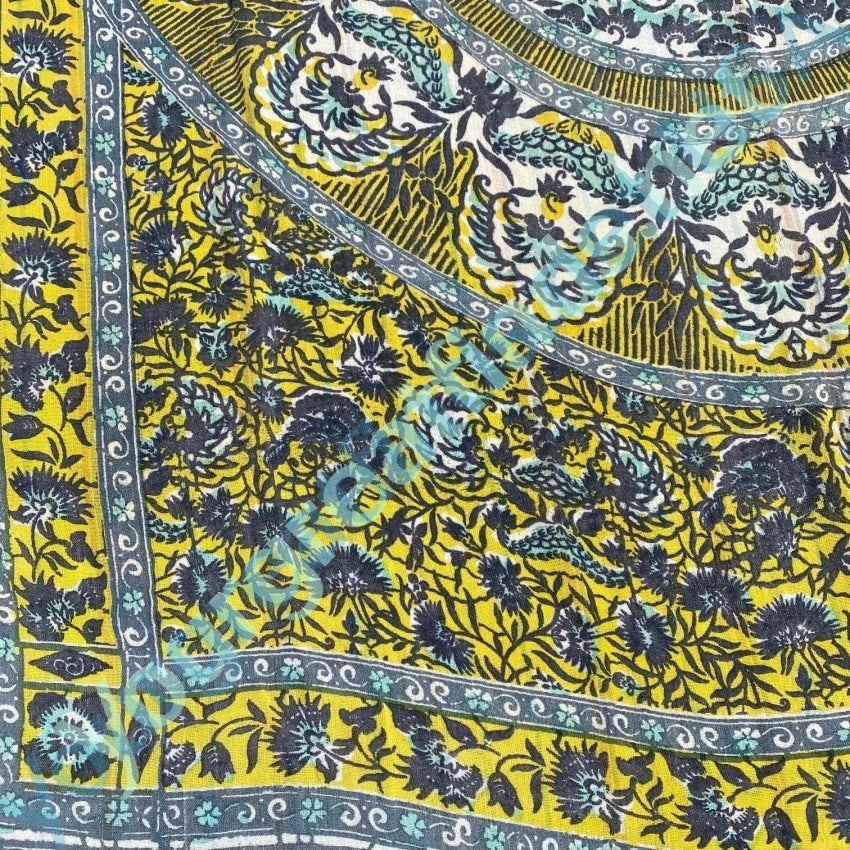 Vintage Indian Block Print Tapestry Tablecloth Cotton Yellow Blue Yourgreatfinds