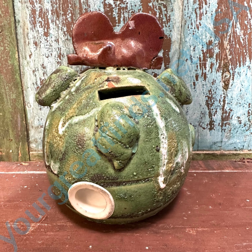 Vintage John Pettus Pirate Stoneware Piggy Bank Green Glaze