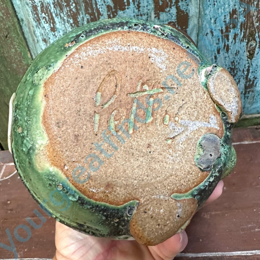 Vintage John Pettus Pirate Stoneware Piggy Bank Green Glaze