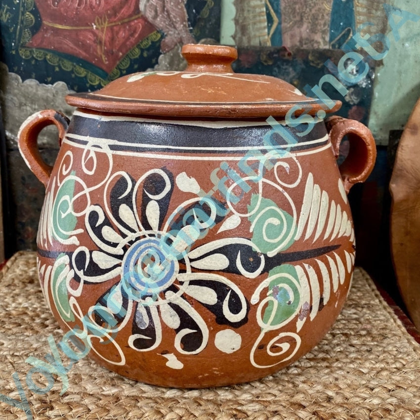 Vintage Large Mexican Terracotta Bean Pot Hand Painted with Spelling Error Yourgreatfinds
