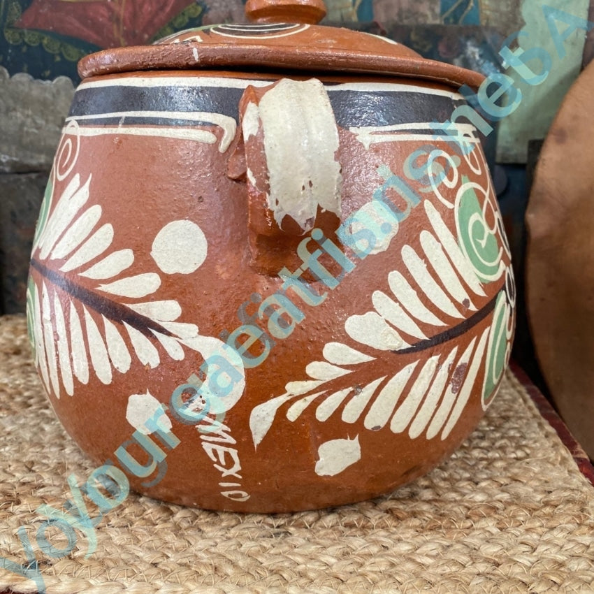 Vintage Large Mexican Terracotta Bean Pot Hand Painted with Spelling Error Yourgreatfinds
