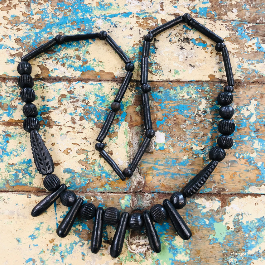 Vintage Mexican Black Glazed Clay Beaded Necklace