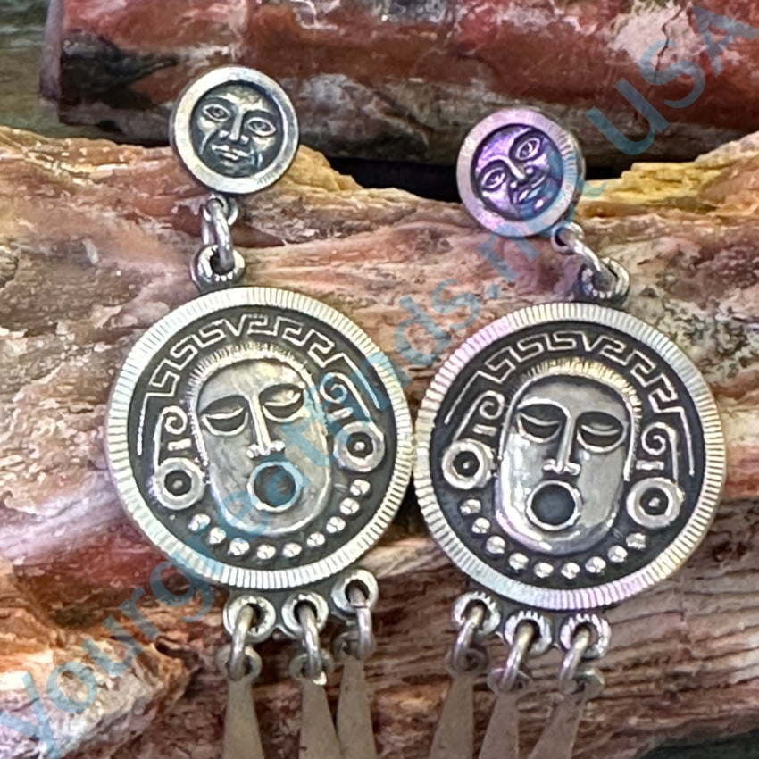 Vintage Mexican Medallion God Earrings Sterling Silver