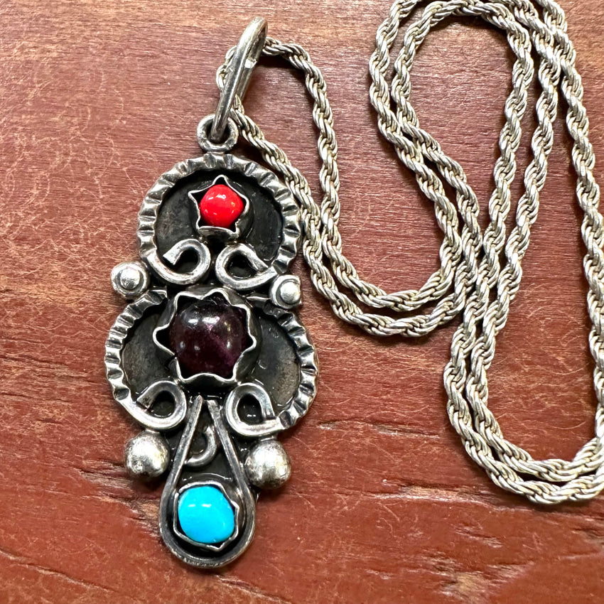 Vintage Mexican Sterling Silver Multi-Stone Pendant & Chain Necklace