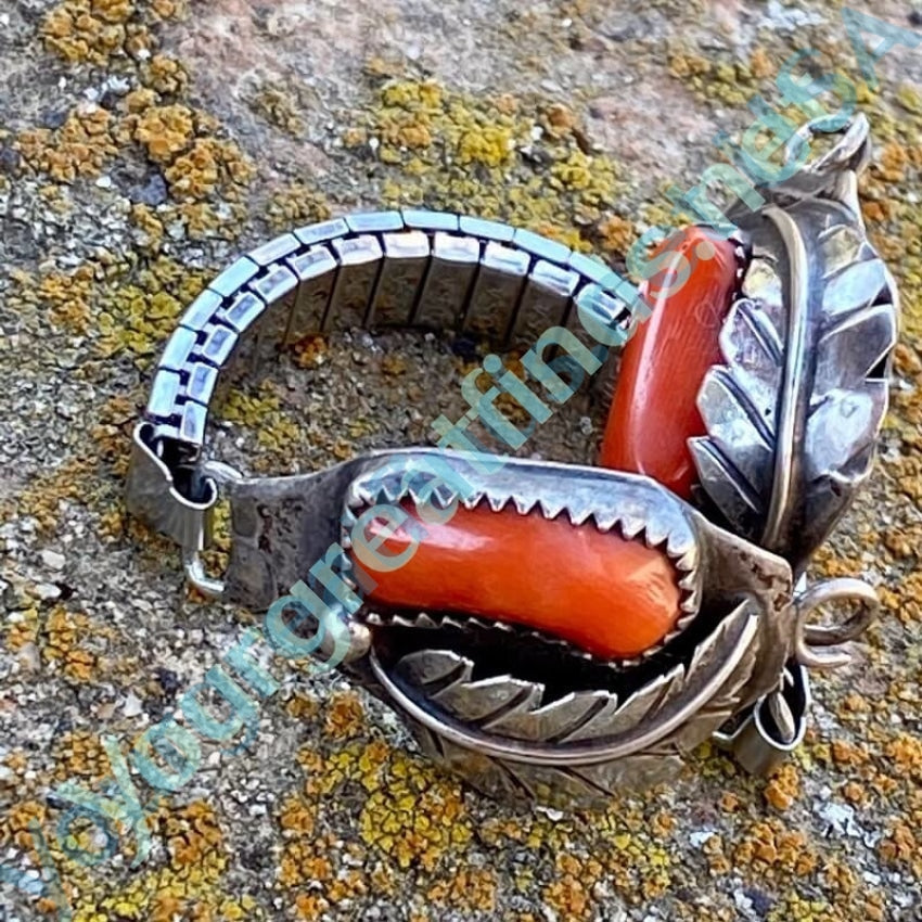Vintage Navajo Red and Sterling Silver Watch Band Yourgreatfinds
