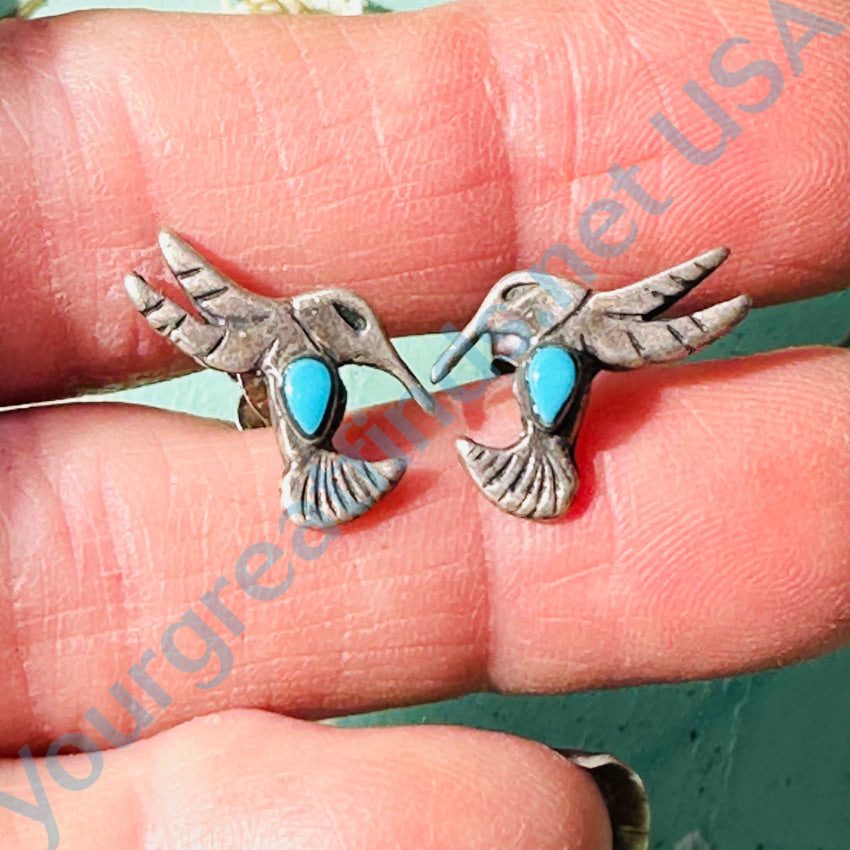 Vintage Navajo Sand Cast Sterling Silver Turquoise Hummingbird Stud Pierced Earrings