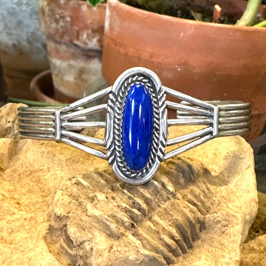 Vintage Navajo Sterling Silver Cuff Azurite Stone Signed