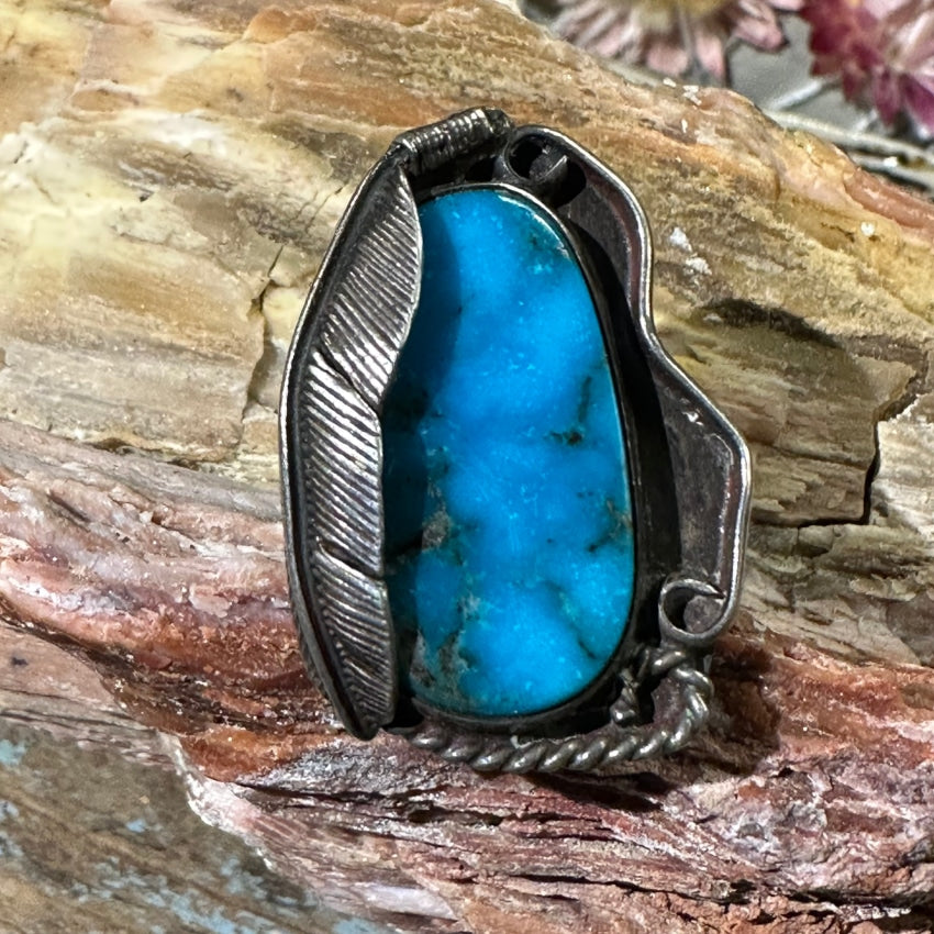 Vintage Navajo Sterling Silver One Feather Ring Deep Blue