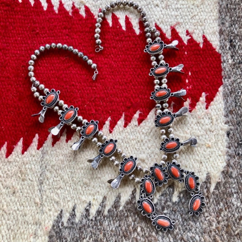 Vintage Navajo Sterling Silver Red Coral Squash Blossom Necklace