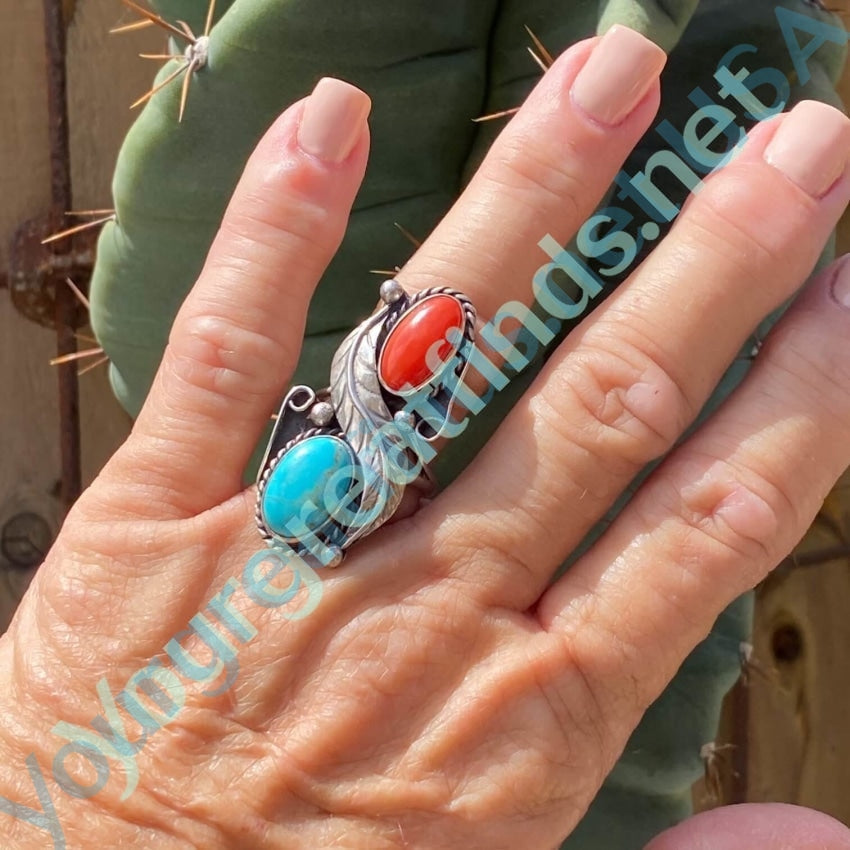Vintage Navajo Sterling Silver Ring with Turquoise and Red C0ral Size 8 Yourgreatfinds