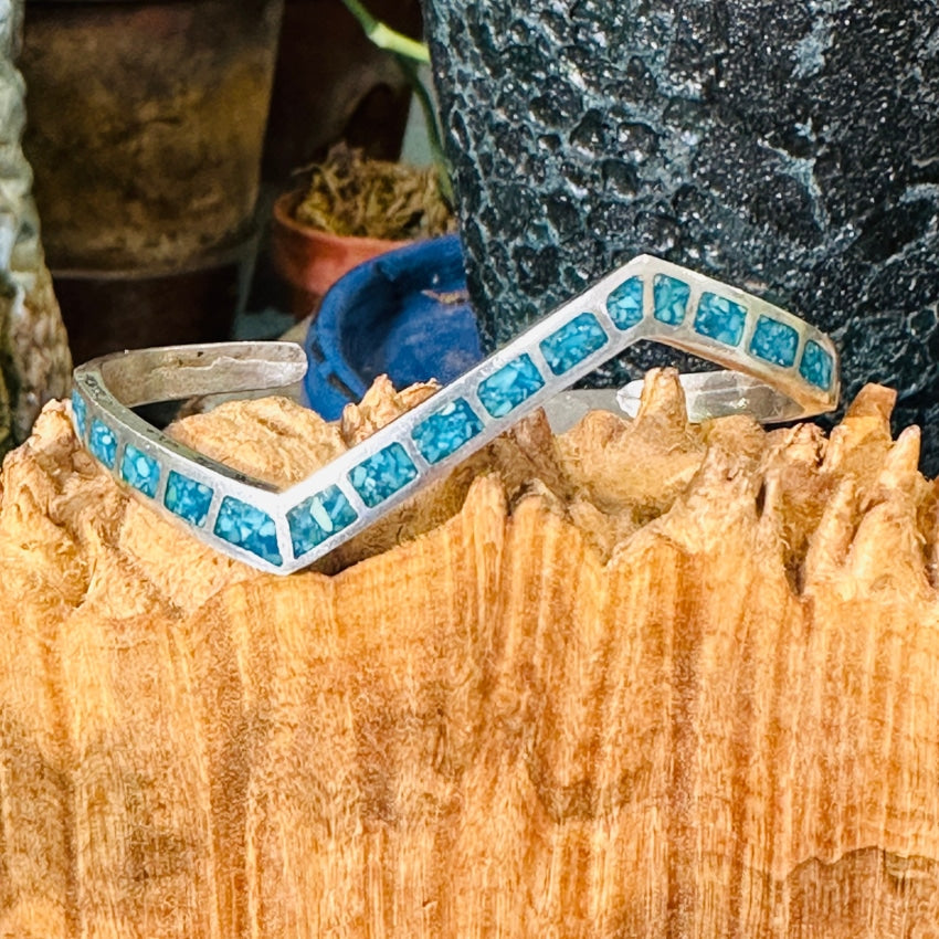 Vintage Navajo Sterling Silver Shoprock Mosaic Turquoise Bracelet