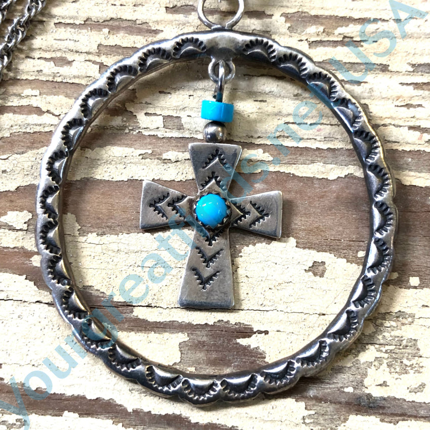 Vintage Navajo Sterling Silver Turquoise Cross &amp; Halo Necklace