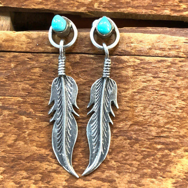 Vintage Navajo Sterling Silver Turquoise One Feather Pierced Earrings