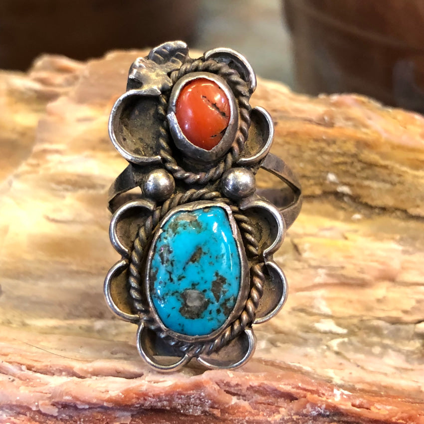 Vintage Navajo Sterling Silver Turquoise Red Coral Ring Size 9.75