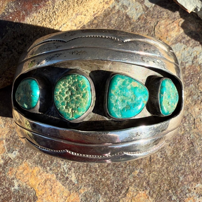 Vintage Navajo Sterling Silver Turquoise Shadowbox Cuff Bracelet
