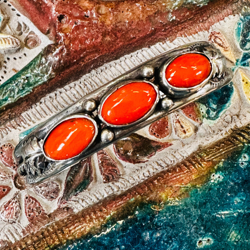 Vintage Navajo Sterling Siver & Red Coral Cuff Bracelet