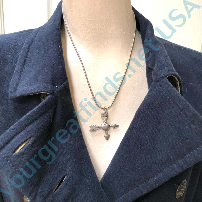 Vintage Sand Cast Sterling Silver Arrows &amp; Heart Cross Necklace