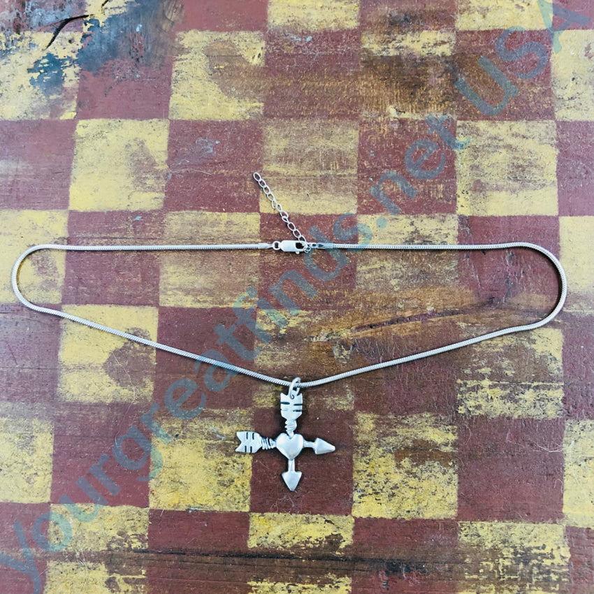 Vintage Sand Cast Sterling Silver Arrows &amp; Heart Cross Necklace