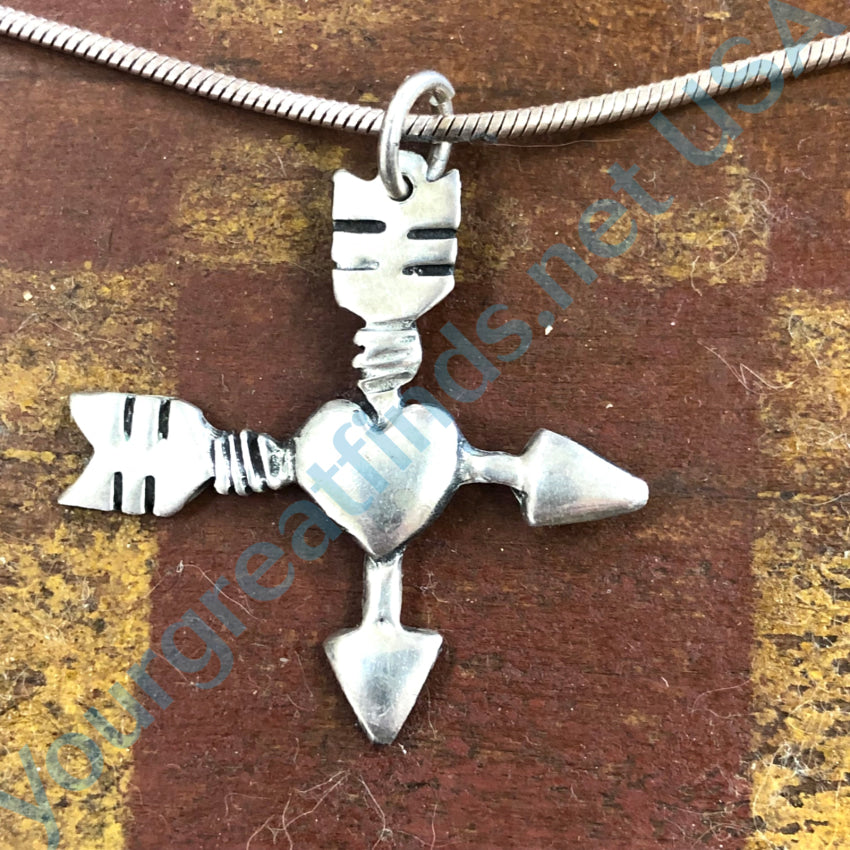 Vintage Sand Cast Sterling Silver Arrows & Heart Cross Necklace