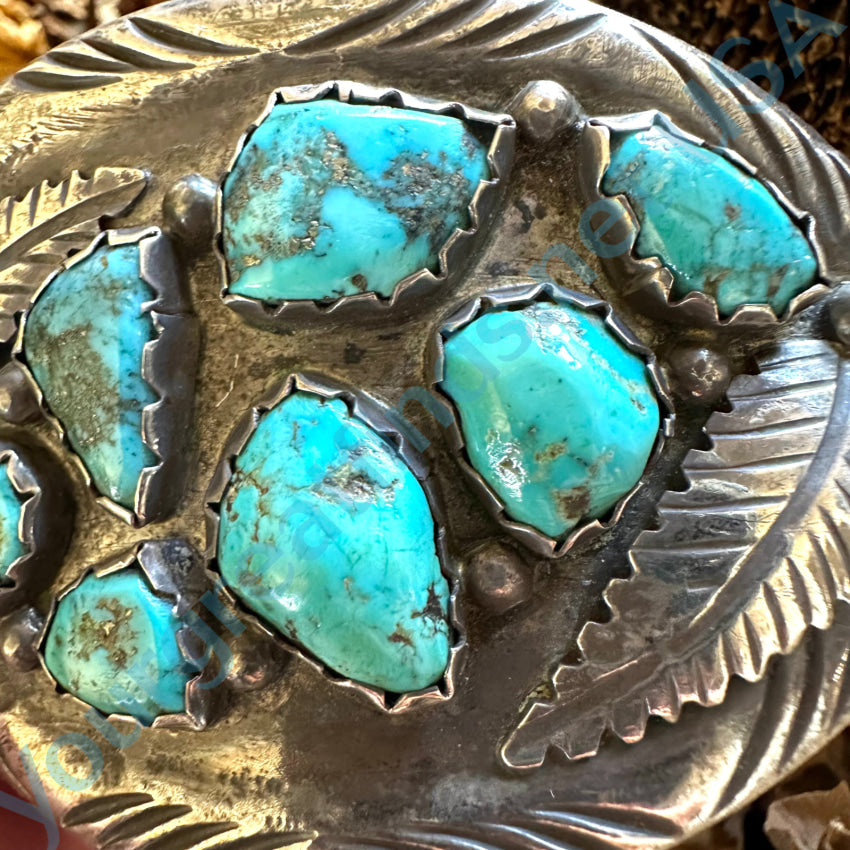 Vintage Sand Cast Sterling Silver & Turquoise Navajo Belt Buckle