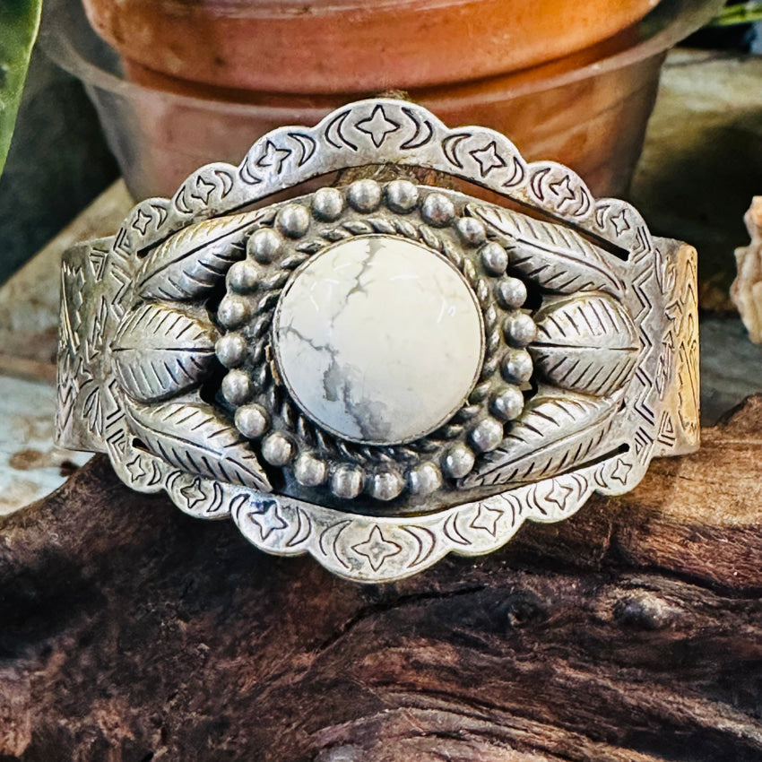 Outlets Stamped Silver Tone Wide Cuff Bracelet, Native Floral Design with Dyed Howlite