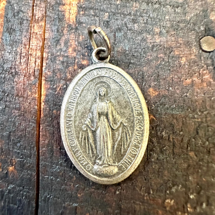 Vintage Silver Catholic Devotional Miraculous Mary Pendant Charm