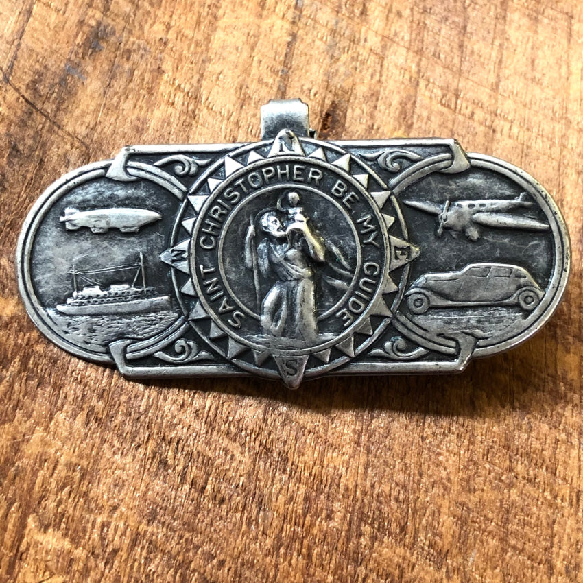 Vintage Silver Metal St. Christopher Visor Shield Clip Travel Protection Catholic