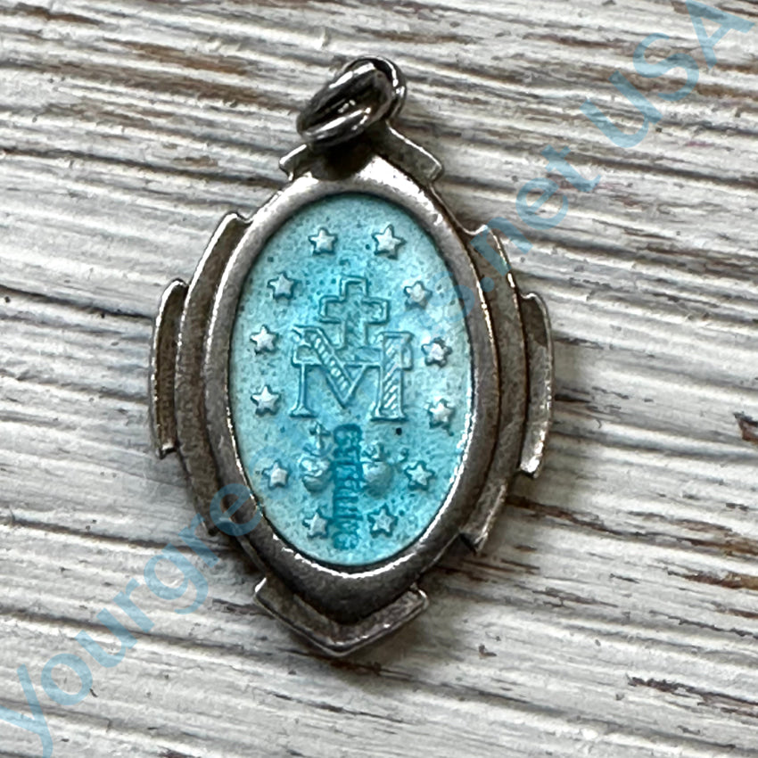 Vintage Sterling Silver Blue Guilloche Enamel Miraculous Mary Charm Pendant