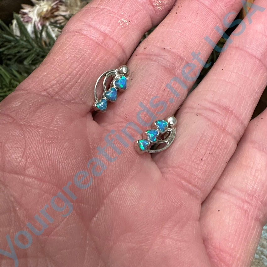 Vintage Sterling Silver & Blue Opal Heart Pierced Earrings
