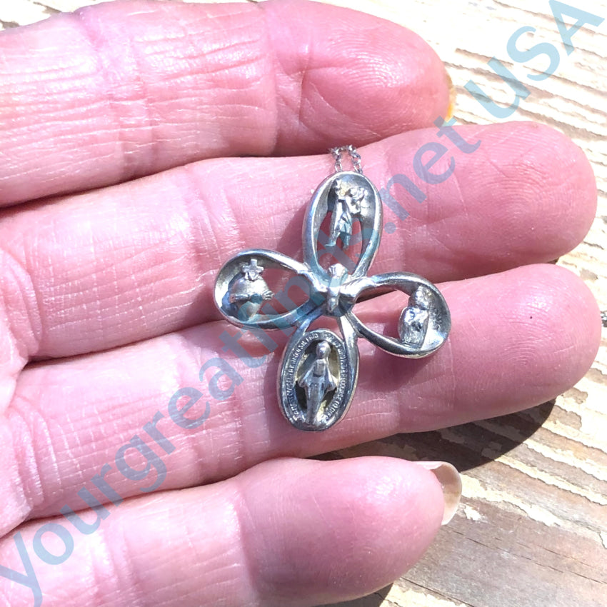 Vintage Sterling Silver Catholic 4 Way Cross Necklace