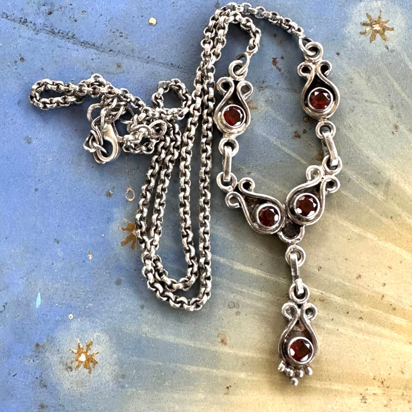 Vintage Sterling Silver & Garnet “Y” Necklace
