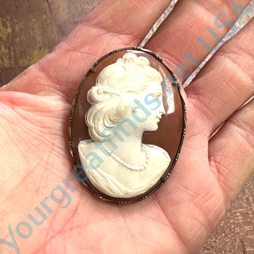 Vintage Sterling Silver Hand Carved Shell Cameo Brooch Pendant