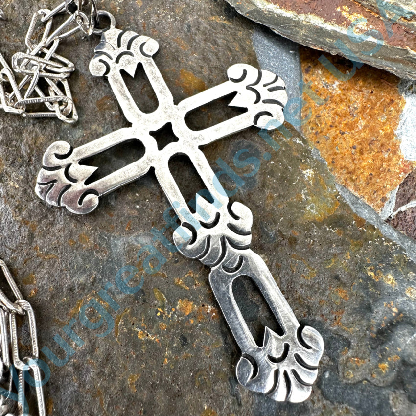 Vintage Sterling Silver Large Cross Pendant &amp; Chain Necklace Mexico