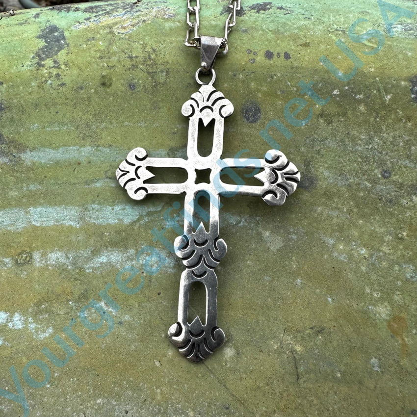 Vintage Sterling Silver Large Cross Pendant & Chain Necklace Mexico