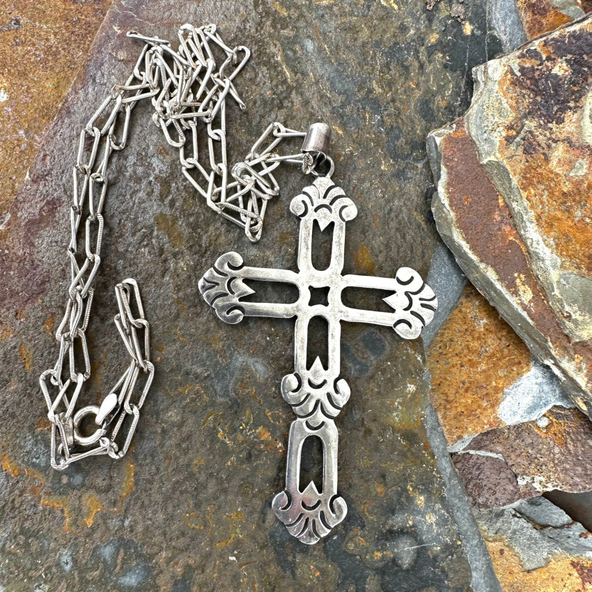Vintage Sterling Silver Large Cross Pendant & Chain Necklace Mexico