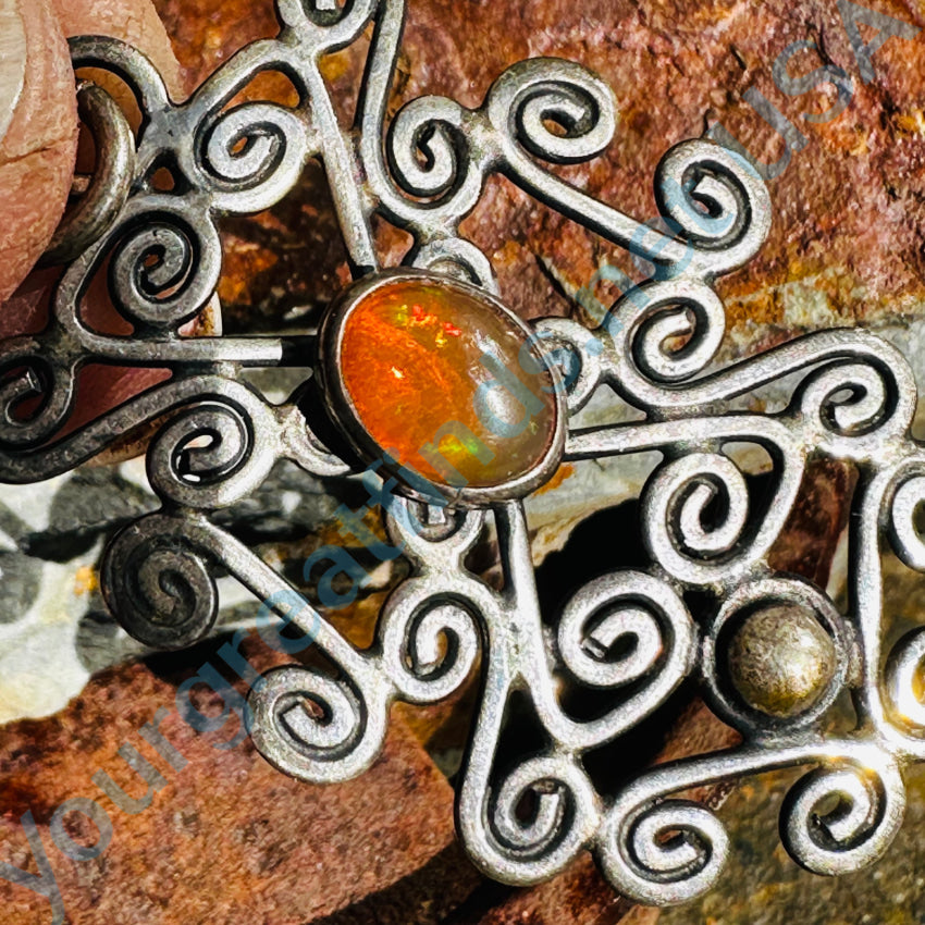 Vintage Sterling Silver Mexican Fire Opal Wire Art Pendant
