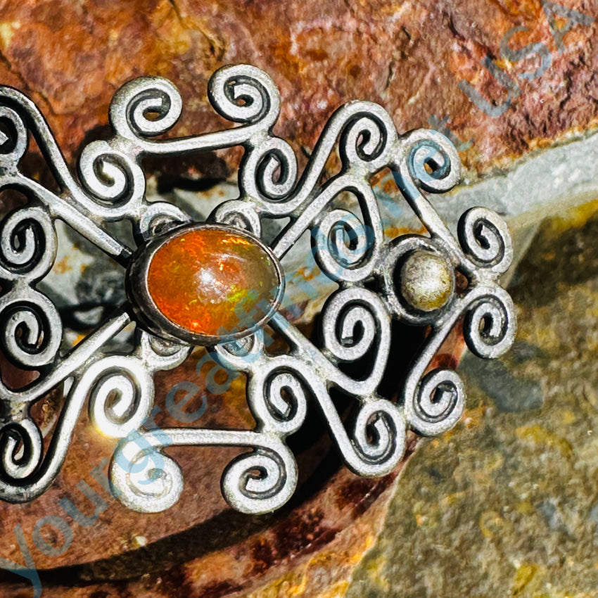 Vintage Sterling Silver Mexican Fire Opal Wire Art Pendant