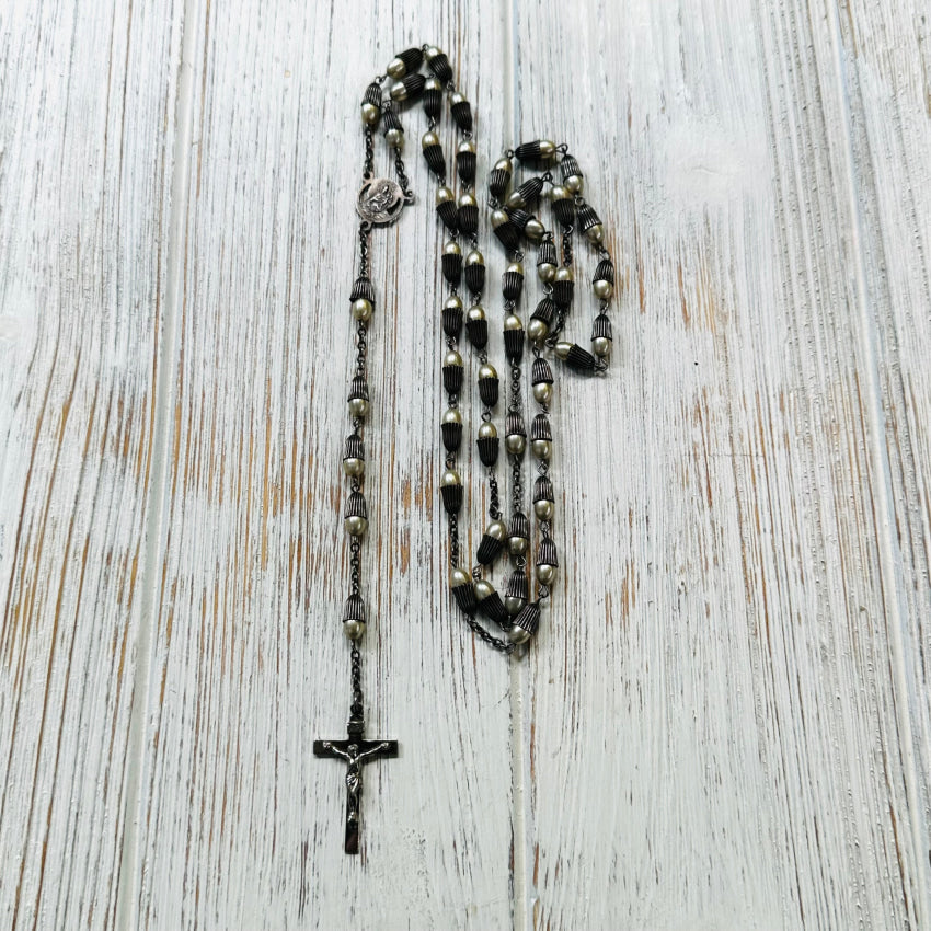 Vintage Sterling Silver & Pearl Catholic Rosary